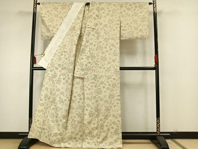 平和屋着物▽上質な紬 単衣 草花文 正絹 逸品 AAAZ1749fy