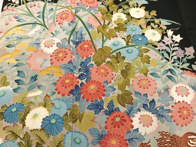 平和屋着物●本加賀友禅作家 奥原一就 黒留袖 花鳥文 正絹 逸品 AAAZ1775ph