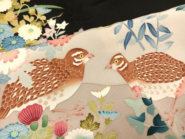 平和屋着物●本加賀友禅作家 奥原一就 黒留袖 花鳥文 正絹 逸品 AAAZ1775ph