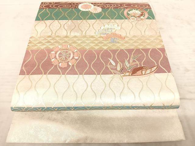 平和屋着物◎太鼓柄袋帯 駒刺繍 吉祥花文 金銀彩 正絹 逸品 AAAZ2179yx