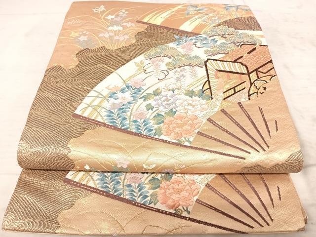 平和屋着物◎六通柄袋帯 唐織 扇面花文 金糸 正絹 逸品 AAAZ2211yx