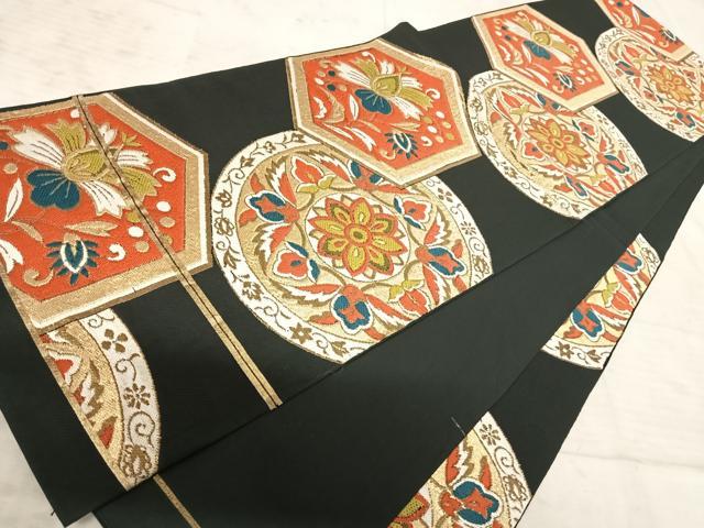 平和屋着物◎六通柄袋帯 唐織 聚楽 黒地 金糸 正絹 逸品 AAAZ2221yx