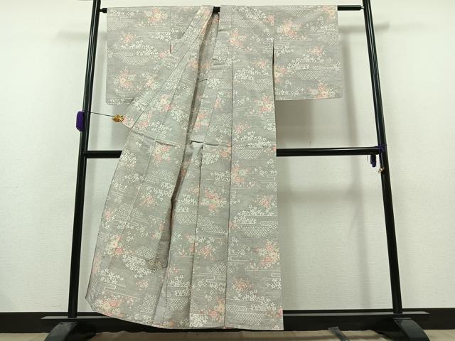 平和屋着物▽上質な紬 単衣 草花文 正絹 逸品 AAAZ2322jh