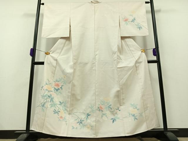 平和屋着物▽訪問着 単衣 紬地 枝花文 正絹 逸品 AAAZ2328jh