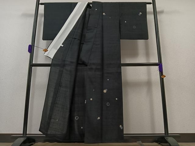 平和屋着物▽訪問着 単衣 生紬 丸文 黒地 正絹 逸品 AAAZ2333jh