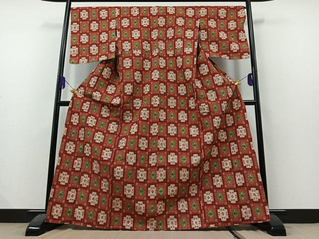 平和屋着物▽上質な紬 単衣 市松花文 正絹 逸品 未使用 AAAZ2349jh