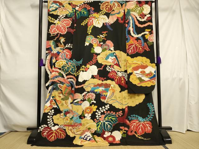 平和屋本店●アンティーク お引きずり・お引き摺り・引き振袖 和装 結婚式 舞妓 芸妓 芸者 衣装 駒刺繍 鳳凰花文 金銀糸 AAAZ2787ou