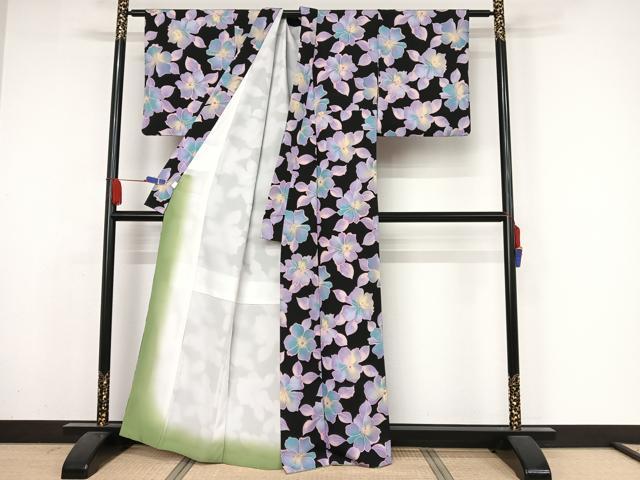 平和屋着物●小紋 舞花文 黒地 洗える着物 AAAZ3039np
