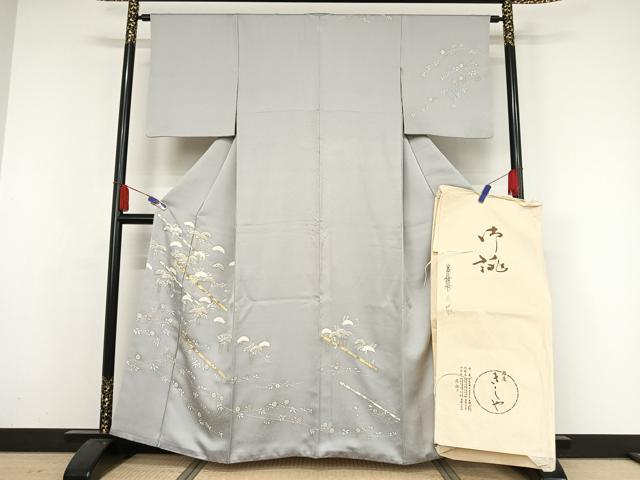 平和屋着物●銀座きしや 訪問着 駒刺繍 松に藤花房 金糸 金彩 たとう紙付き 正絹 逸品 AAAZ3102np