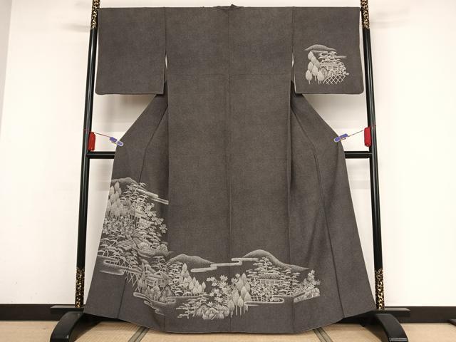 平和屋着物●江戸小紋 訪問着 風景文 鮫小紋柄 黒地 正絹 逸品 AAAZ3169np