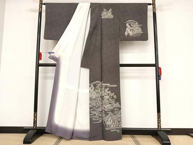 平和屋着物●江戸小紋 訪問着 風景文 鮫小紋柄 黒地 正絹 逸品 AAAZ3169np