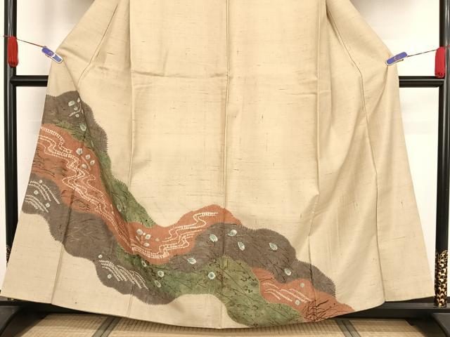 平和屋着物●訪問着 紬地 手描き 絞り 道長草花文 金彩 正絹 逸品 AAAZ3245np