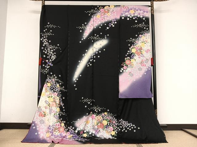 平和屋着物●豪華振袖 雪輪花文 暈し染め 黒地 金彩 仮絵羽 逸品 未使用 AAAZ3278np
