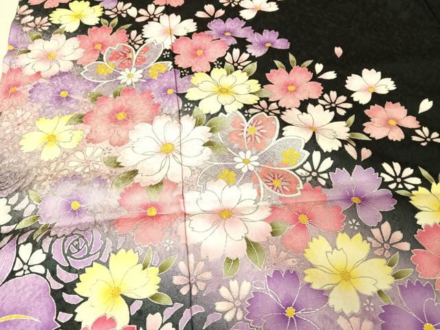 平和屋着物●豪華振袖 舞花文 黒地 銀彩 仮絵羽 逸品 未使用 AAAZ3280np