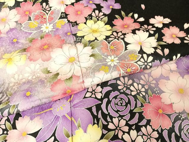 平和屋着物●豪華振袖 舞花文 黒地 銀彩 仮絵羽 逸品 未使用 AAAZ3280np