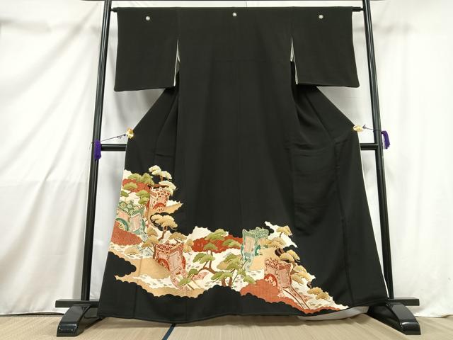 平和屋着物■豪華黒留袖 駒刺繍 御所車枝松文 金銀彩 正絹 逸品 AAAZ3559mf