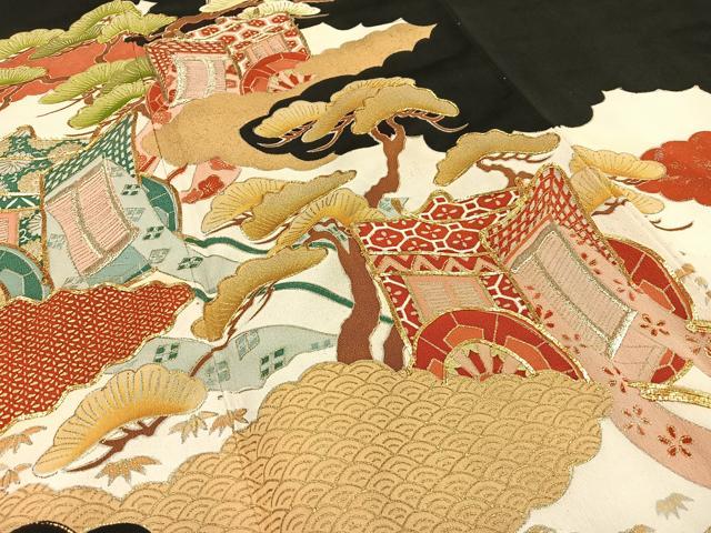 平和屋着物■豪華黒留袖 駒刺繍 御所車枝松文 金銀彩 正絹 逸品 AAAZ3559mf
