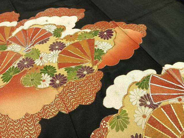 平和屋着物■豪華黒留袖 駒刺繍 扇面草花文 銀糸 金彩 正絹 逸品 AAAZ3639mf