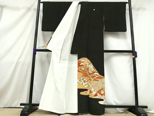 平和屋着物■豪華黒留袖 駒刺繍 御所車草花宝尽くし文 金彩 正絹 逸品 AAAZ3643mf