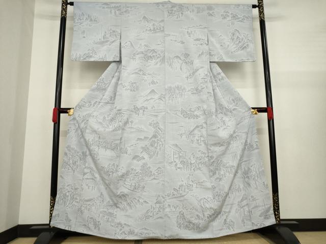平和屋着物●本塩沢 人物風景文 暁鼠色地 正絹 逸品 AAAZ3807ck