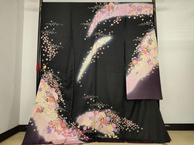 平和屋着物●豪華振袖 辻が花 雪輪花文 暈し染め 黒地 金彩 仮絵羽 逸品 未使用 AAAZ3831ck