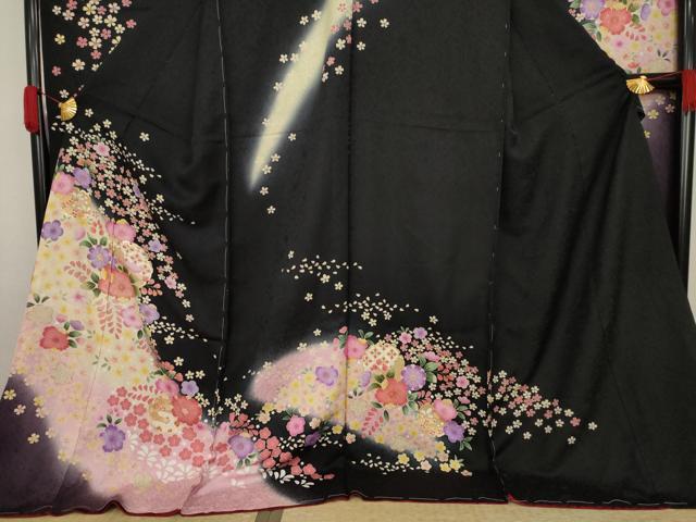 平和屋着物●豪華振袖 辻が花 雪輪花文 暈し染め 黒地 金彩 仮絵羽 逸品 未使用 AAAZ3831ck
