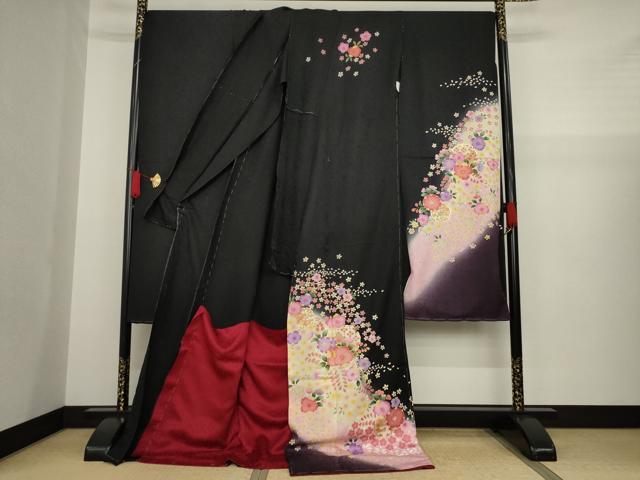 平和屋着物●豪華振袖 辻が花 雪輪花文 暈し染め 黒地 金彩 仮絵羽 逸品 未使用 AAAZ3831ck