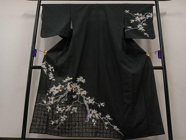 平和屋着物▽訪問着 単衣 桜 黒地 銀彩 洗える着物 AAAZ3972jh