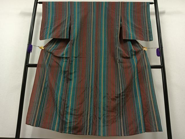 平和屋着物▽上質な小紋 単衣 縞 金彩 正絹 逸品 AAAZ3986jh