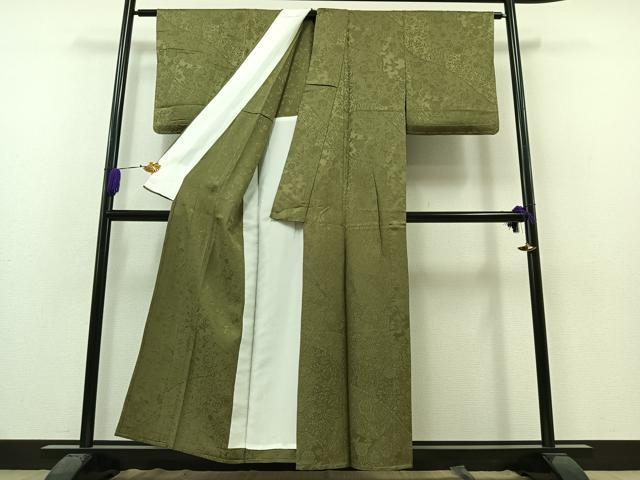 平和屋着物▽上質な色無地 単衣 更紗花地紋 柳茶色 正絹 逸品 AAAZ3987jh