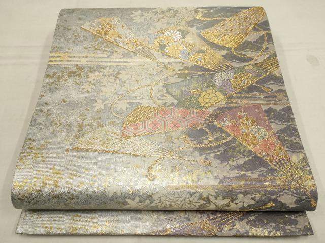 平和屋着物▼六通柄袋帯 扇面草花文 金銀糸 正絹 逸品 AAAZ4185wj