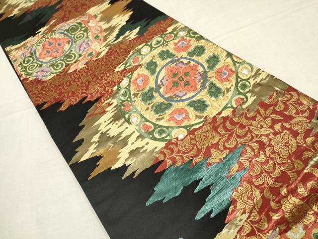 平和屋着物▼六通柄袋帯 唐織 裂取華円文 黒地 金糸 正絹 逸品 AAAZ4289wj