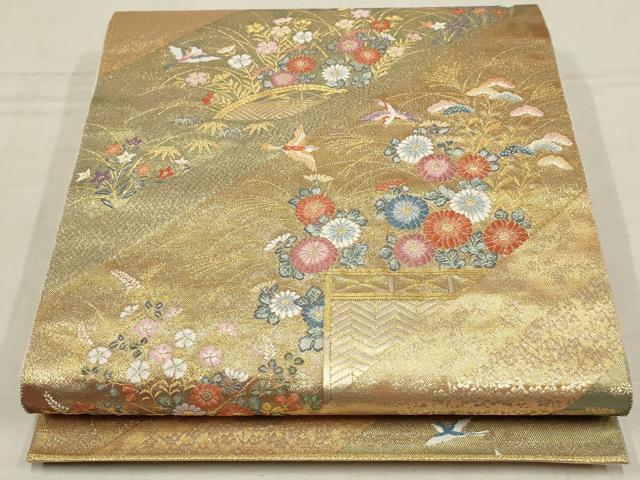 平和屋着物▼六通柄袋帯 小袖の調 斜め取り花鳥文 金糸 正絹 逸品 AAAZ4361wj