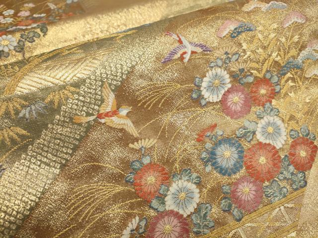 平和屋着物▼六通柄袋帯 小袖の調 斜め取り花鳥文 金糸 正絹 逸品 AAAZ4361wj