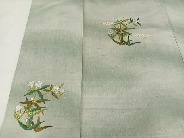 平和屋着物●訪問着 紬地 刺繍 草花文 正絹 逸品 AAAZ4546ph