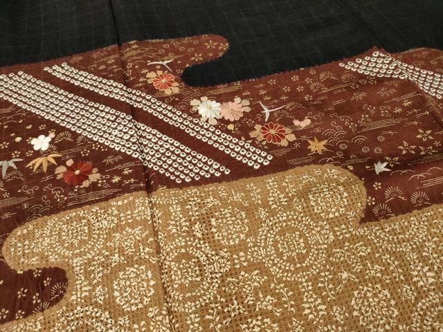 平和屋着物●訪問着 絞り 中国三大刺繍 汕頭刺繍 スワトウ刺繍 エ霞取り吉祥花文 黒地 金彩 正絹 逸品 AAAZ4820ck