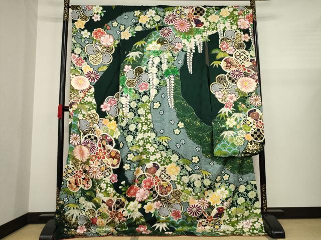 平和屋着物●豪華振袖 駒刺繍 吉祥花文 金彩 ロング丈 正絹 逸品 AAAZ4870ck