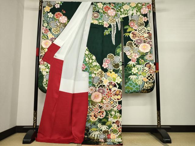 平和屋着物●豪華振袖 駒刺繍 吉祥花文 金彩 ロング丈 正絹 逸品 AAAZ4870ck