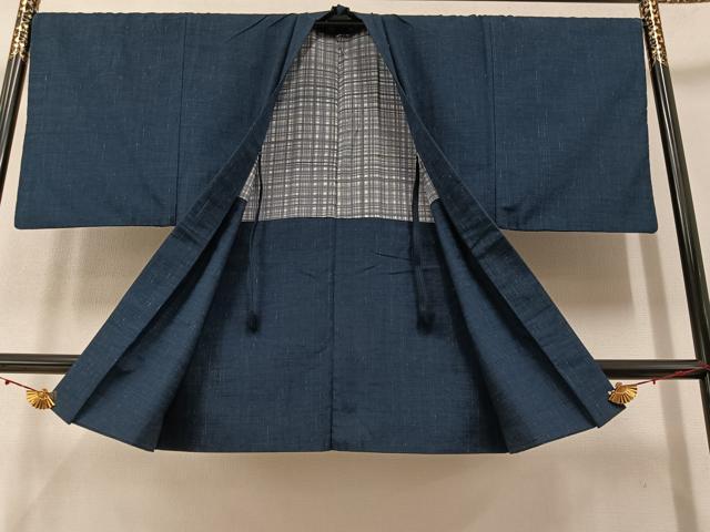 平和屋着物●男性 紬 アンサンブル 藍鉄色 正絹 逸品 AAAZ4914ph