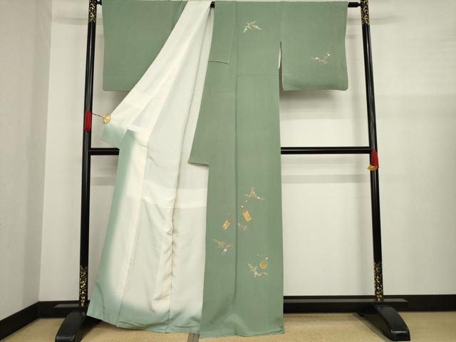 平和屋着物●訪問着 刺繍 花篭文 鬼しぼ縮緬 正絹 逸品 AAAZ4978ck