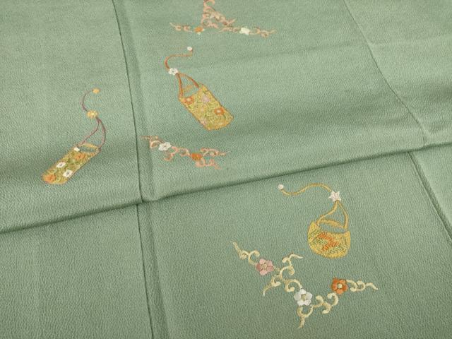 平和屋着物●訪問着 刺繍 花篭文 鬼しぼ縮緬 正絹 逸品 AAAZ4978ck