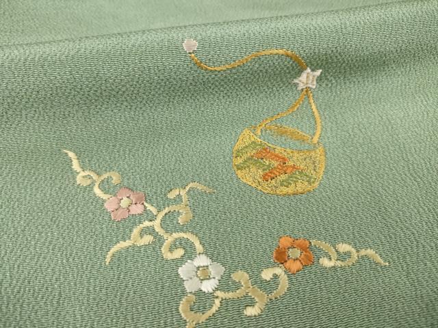 平和屋着物●訪問着 刺繍 花篭文 鬼しぼ縮緬 正絹 逸品 AAAZ4978ck