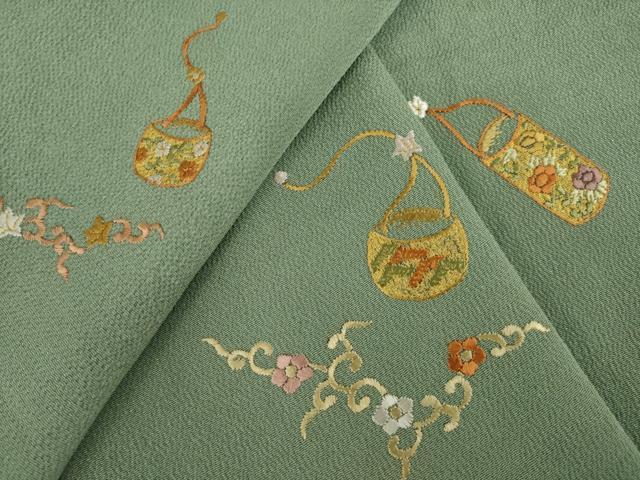 平和屋着物●訪問着 刺繍 花篭文 鬼しぼ縮緬 正絹 逸品 AAAZ4978ck