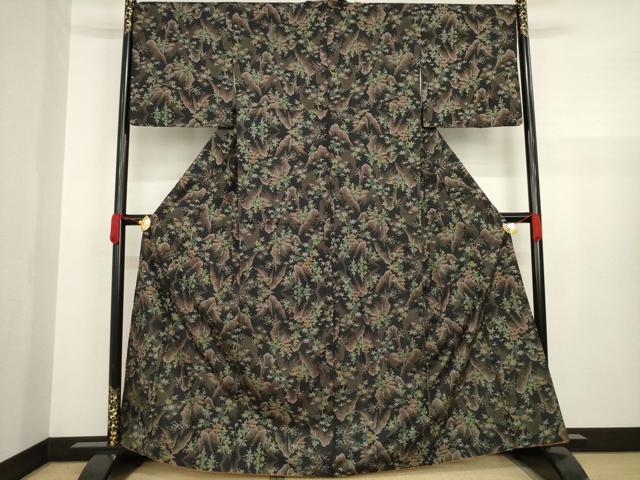 平和屋着物●本場大島紬 一元7マルキ 風景文 黒地 正絹 逸品 AAAZ4983ck