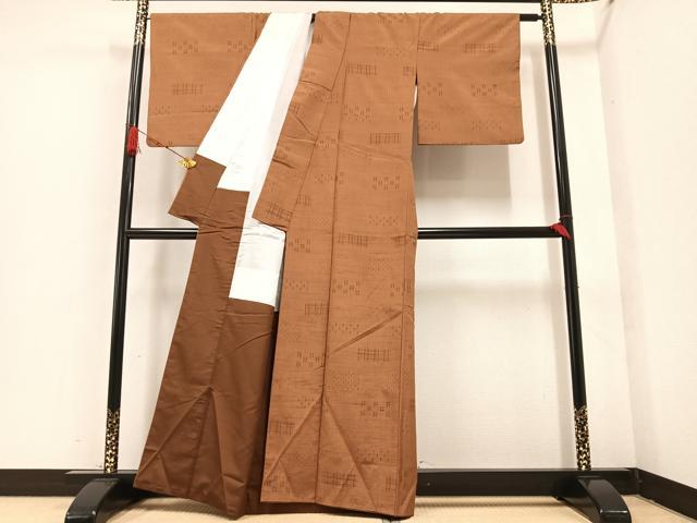 平和屋着物●上質な紬 絣文様 胡桃色 正絹 逸品 AAAZ5056ph