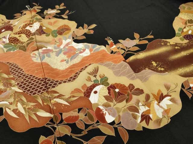 平和屋着物■豪華黒留袖 駒刺繍 道長草花文 金彩 正絹 逸品 AAAZ5677nf