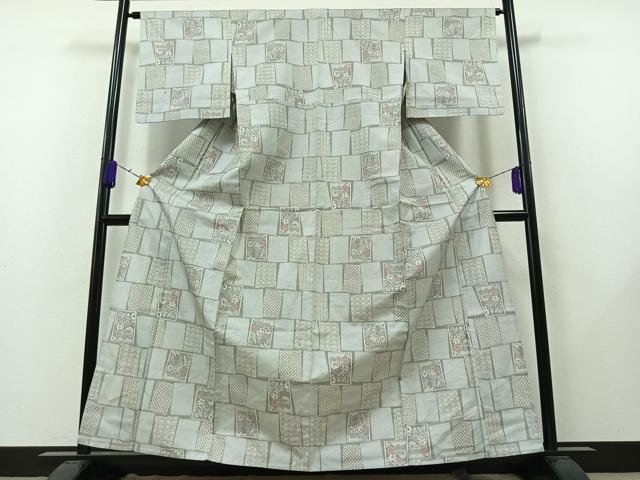 平和屋着物▽上質な紬 単衣 色紙風景文 正絹 逸品 AAAZ5681jh