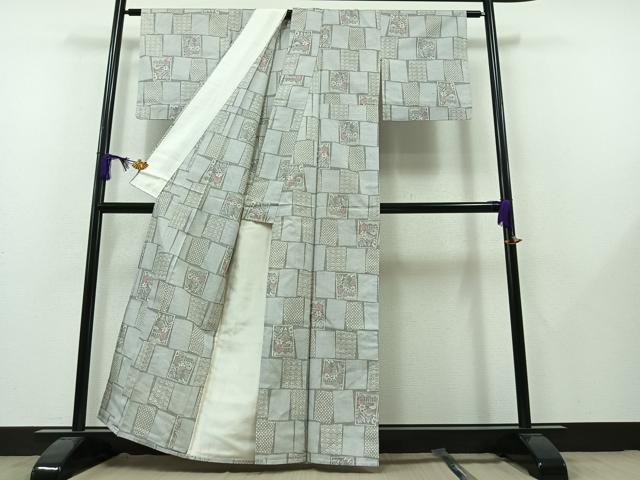 平和屋着物▽上質な紬 単衣 色紙風景文 正絹 逸品 AAAZ5681jh