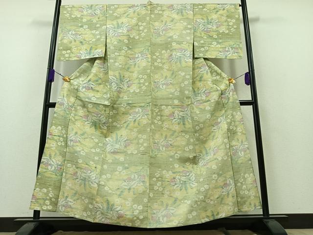 平和屋着物▽上質な紬 単衣 草花文 正絹 逸品 AAAZ5694jh