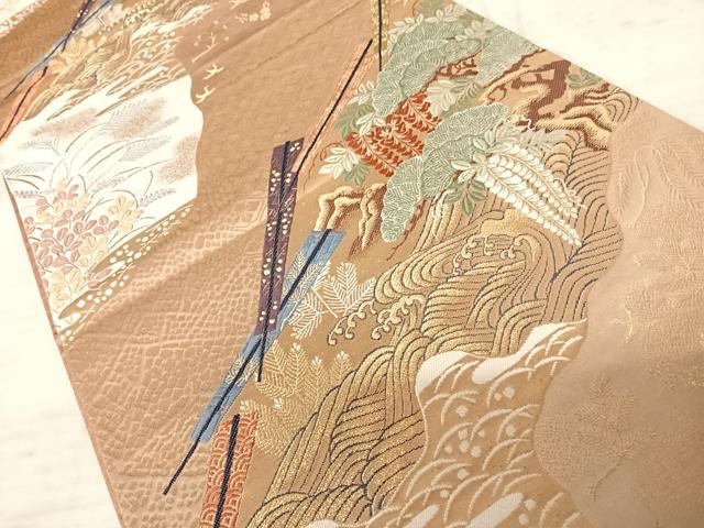 平和屋着物◎六通柄袋帯 唐織 立波松文 金糸 正絹 逸品 AAAZ5854yx
